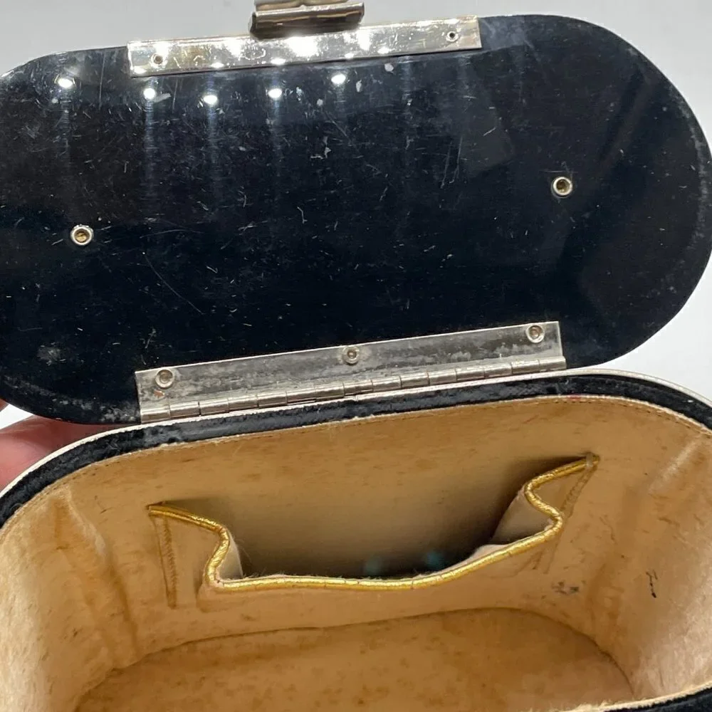 Vintage Black Velvet Hard Sided Box Oval Single Handle Hinged Evening Mini Bag - Picture 6 of 8